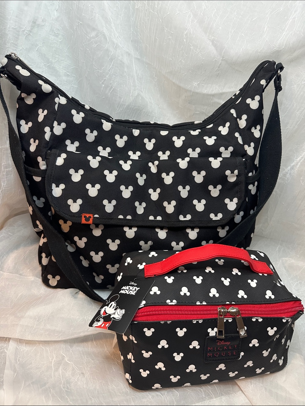 Black Mickey Mouse Print Large Crossbody Bag and coordinating toiletry bag